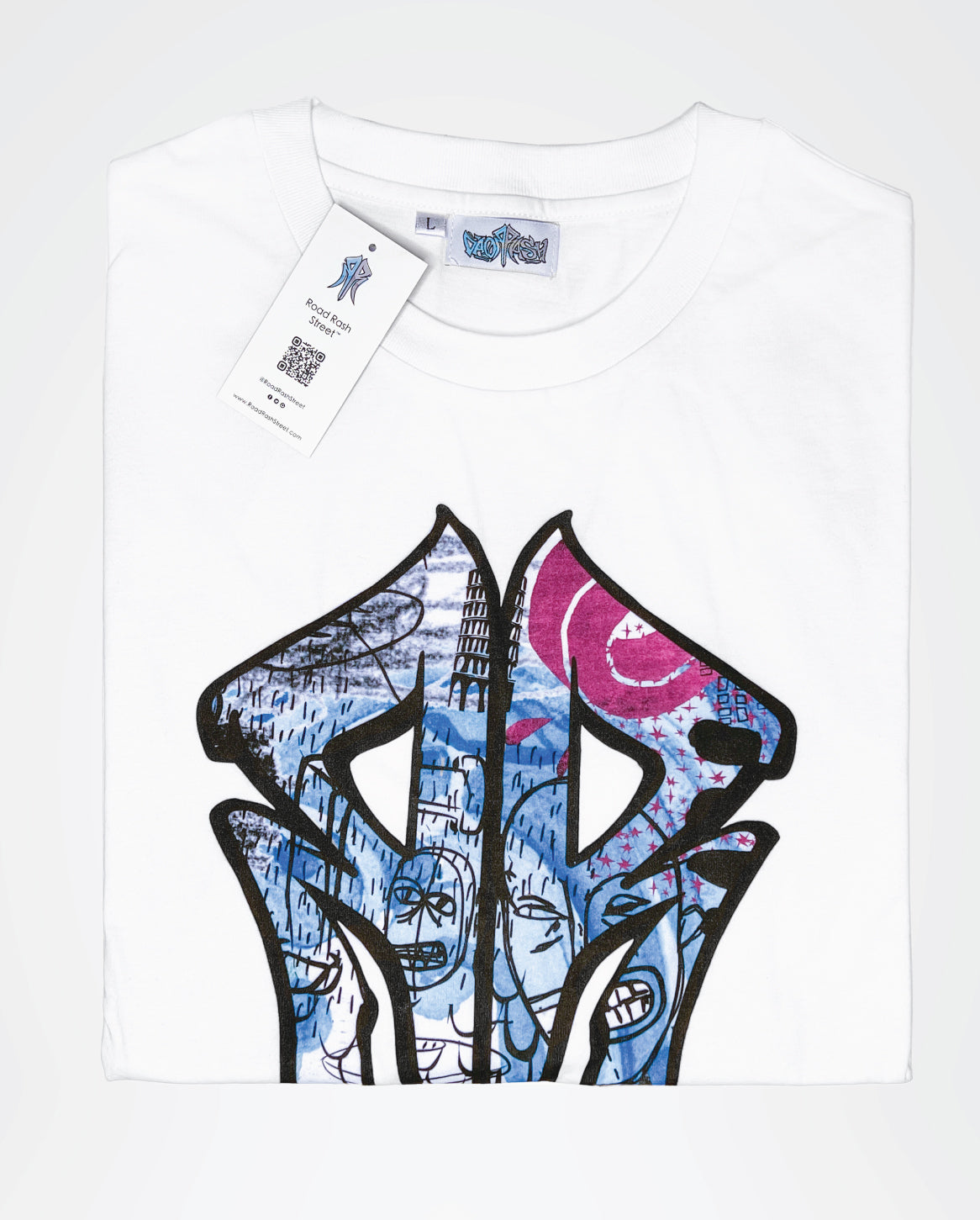 The Berlin: Oversized Designer Streetwear Tee with Road Rash Graffiti Logo White