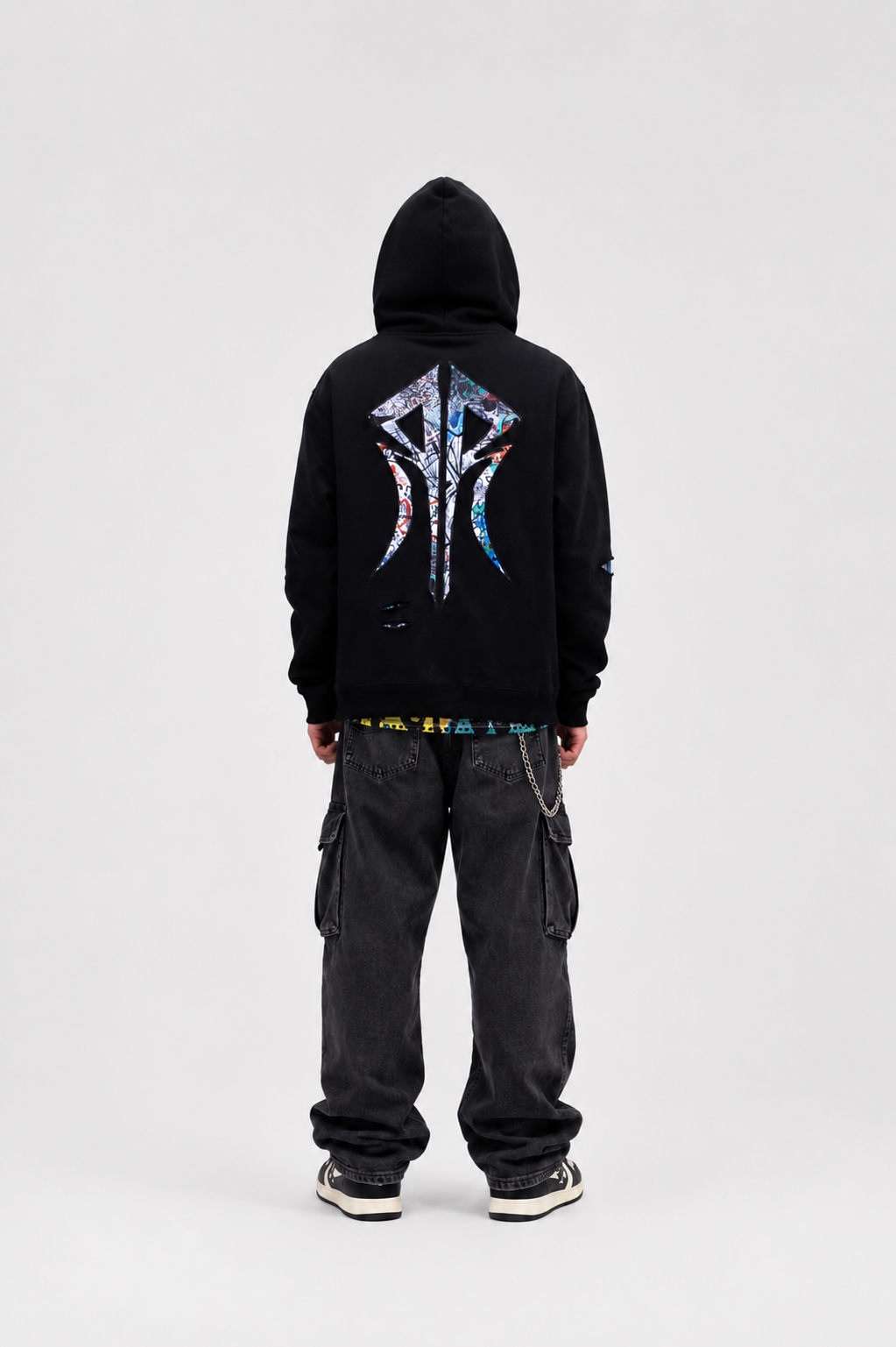 The Barcelona - Men Black Ripped Graffiti Hoodie