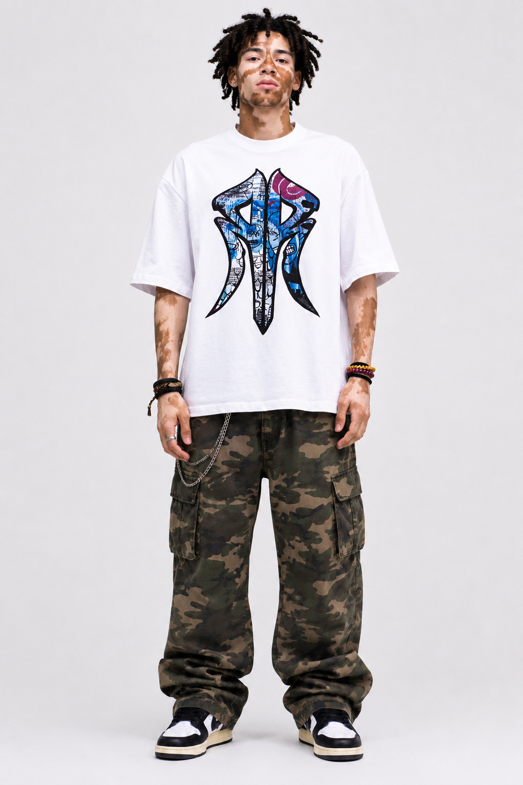 The Berlin: Oversized Designer Streetwear Tee with Road Rash Graffiti Logo White
