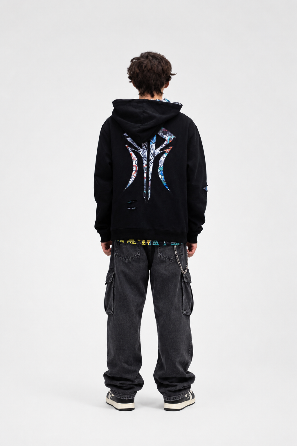 The Barcelona - Men Black Ripped Graffiti Hoodie