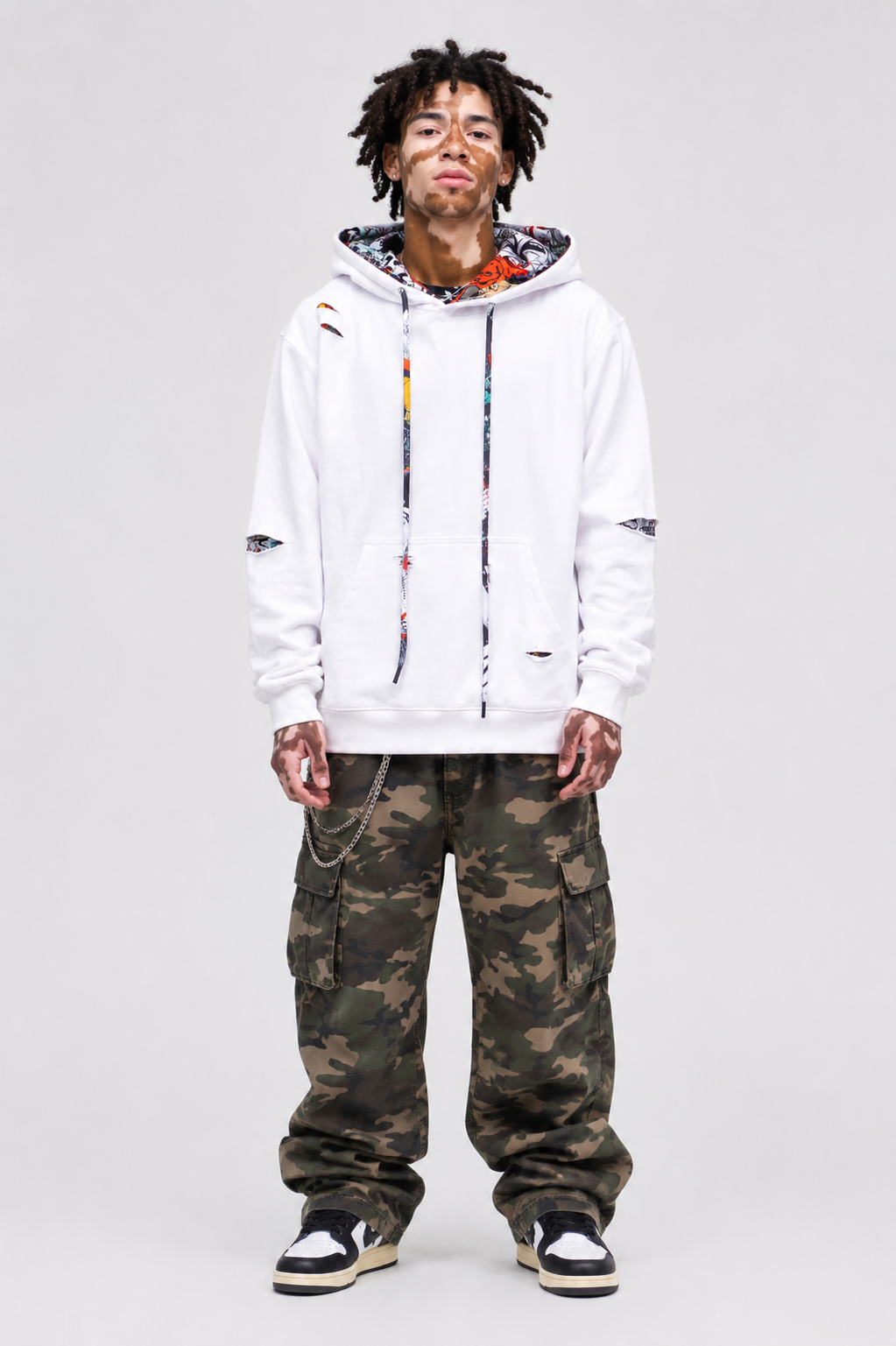 The Barcelona - Men White Ripped Graffiti Hoodie