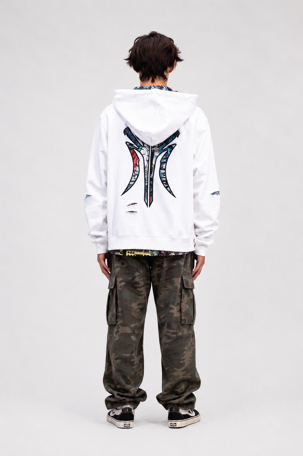 The Barcelona - Men White Ripped Graffiti Hoodie