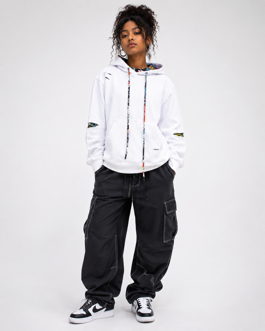The Barcelona - Women's White Ripped Graffiti Hoodie